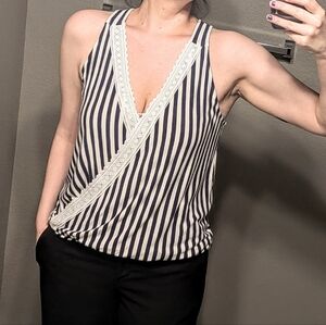 VENUS Navy and White Striped Tank Top with Lace Detail